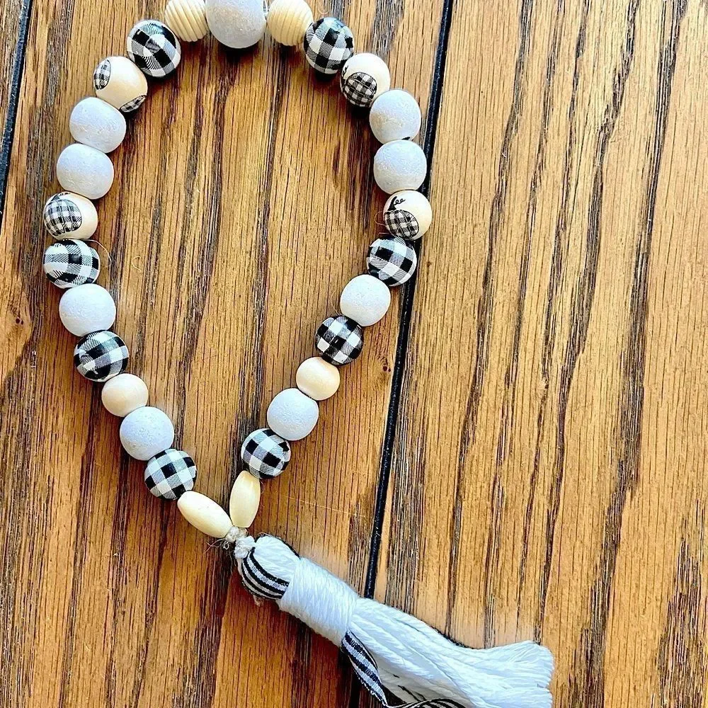 NEW Wood Bead Garland with Plaid Tassels